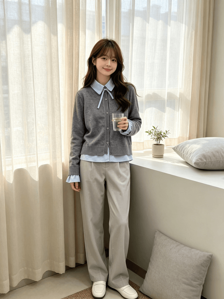 한 부서 학원 스타일 나비 매듭 셔츠 칼라 페이크 레이어드 니트 오픈 가디건 여성 짧은 패치워크 폴로 칼라 스웨터 맨위 이미지 4