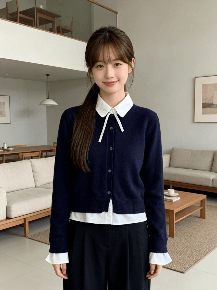 한 부서 학원 스타일 나비 매듭 셔츠 칼라 페이크 레이어드 니트 오픈 가디건 여성 짧은 패치워크 폴로 칼라 스웨터 맨위 이미지 2