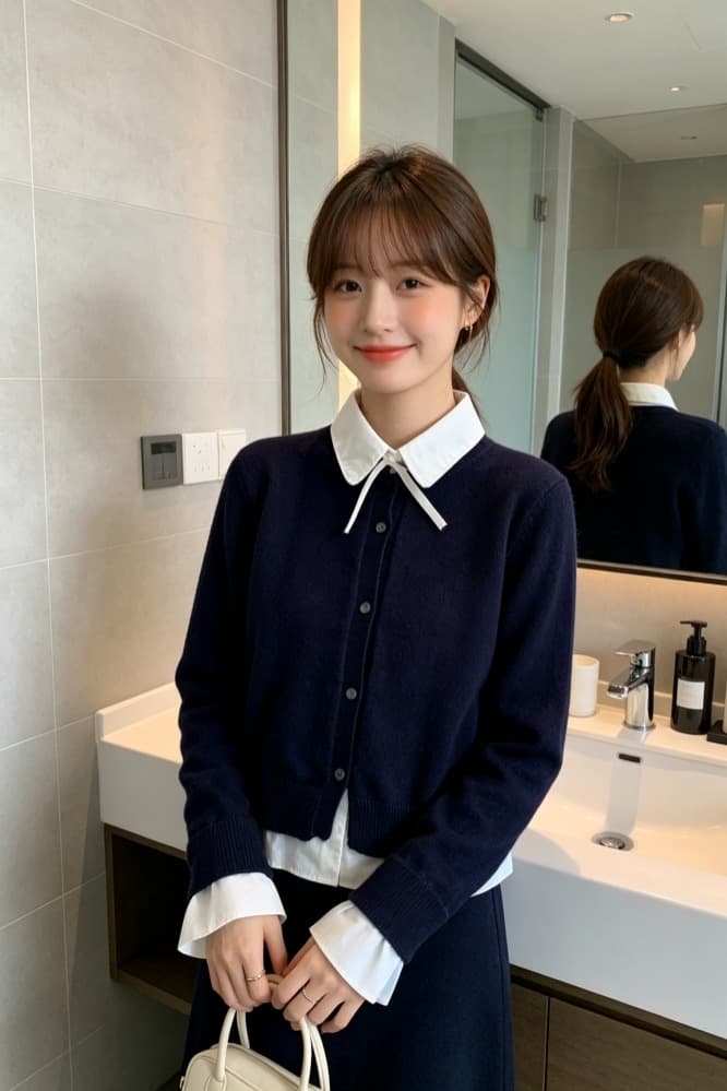 한 부서 학원 스타일 나비 매듭 셔츠 칼라 페이크 레이어드 니트 오픈 가디건 여성 짧은 패치워크 폴로 칼라 스웨터 맨위 이미지 6