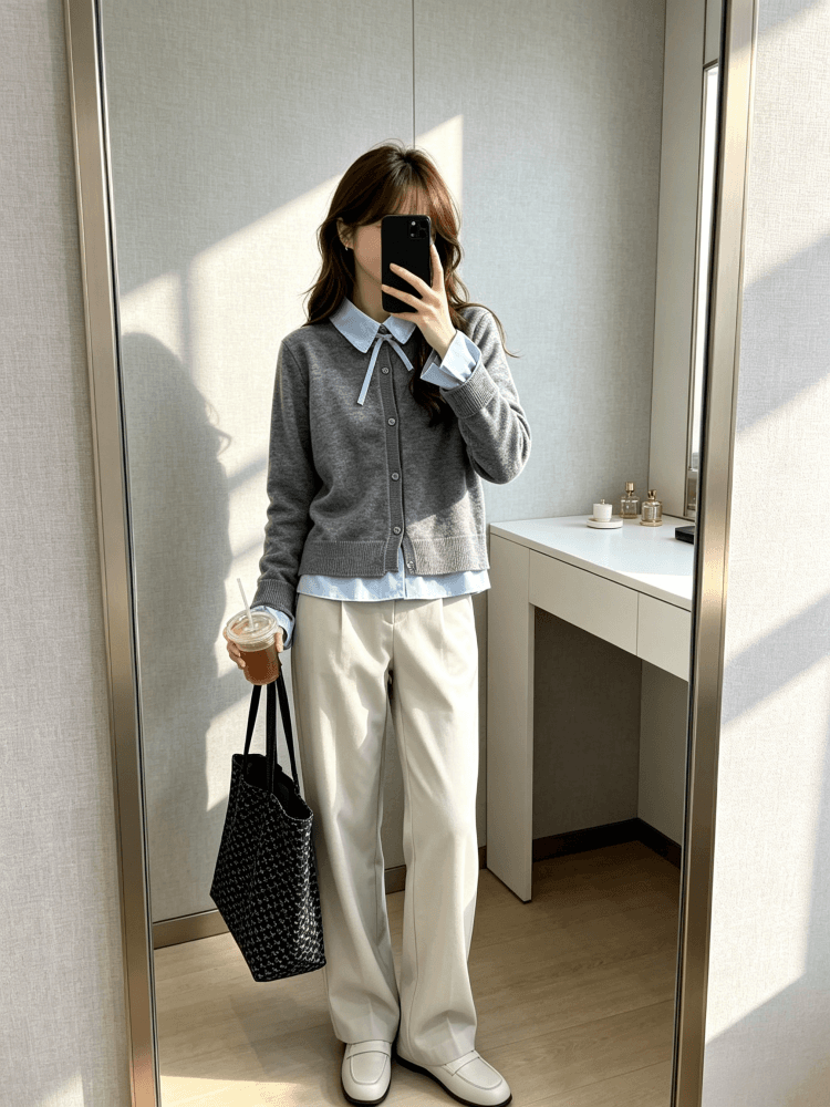 한 부서 학원 스타일 나비 매듭 셔츠 칼라 페이크 레이어드 니트 오픈 가디건 여성 짧은 패치워크 폴로 칼라 스웨터 맨위 상세 이미지 3