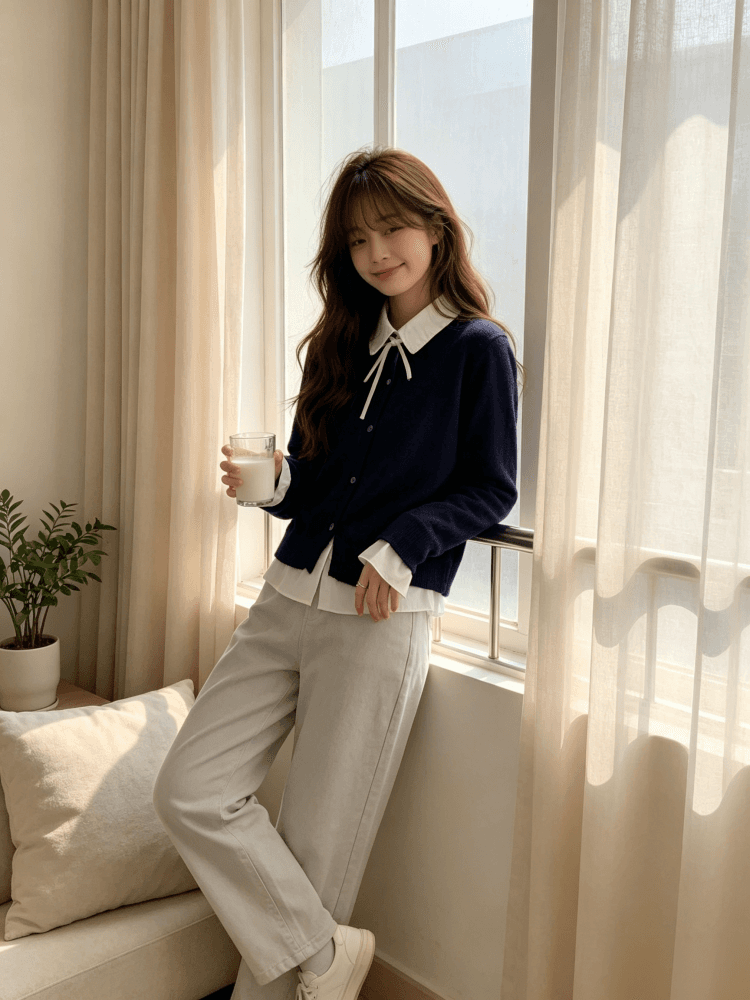 한 부서 학원 스타일 나비 매듭 셔츠 칼라 페이크 레이어드 니트 오픈 가디건 여성 짧은 패치워크 폴로 칼라 스웨터 맨위 상세 이미지 5