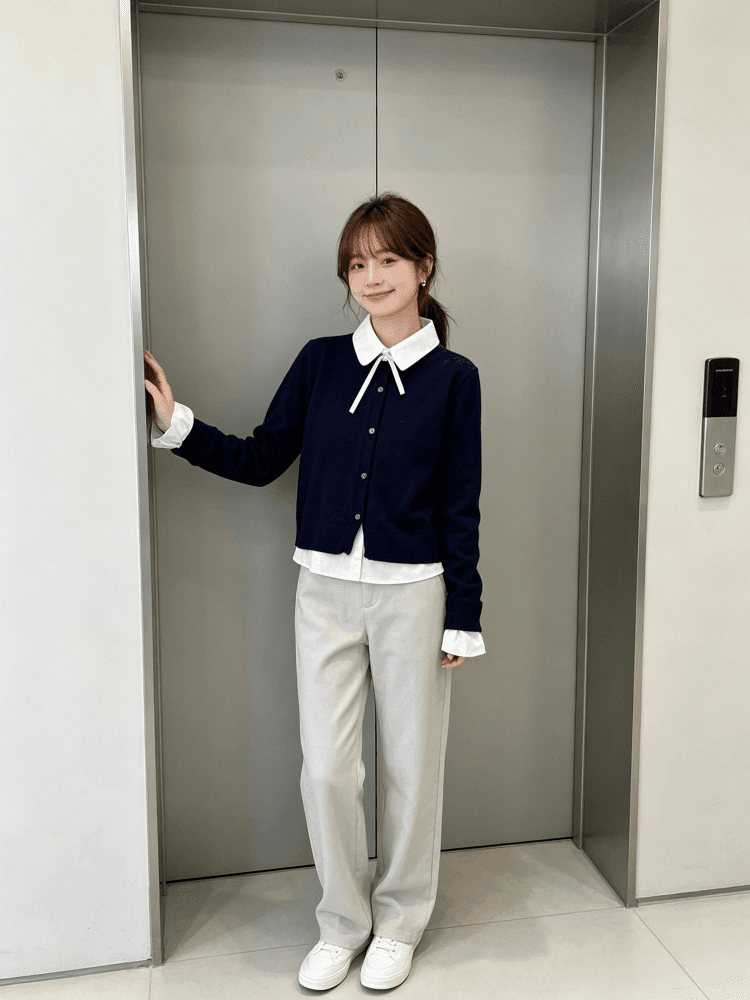 한 부서 학원 스타일 나비 매듭 셔츠 칼라 페이크 레이어드 니트 오픈 가디건 여성 짧은 패치워크 폴로 칼라 스웨터 맨위 상세 이미지 6