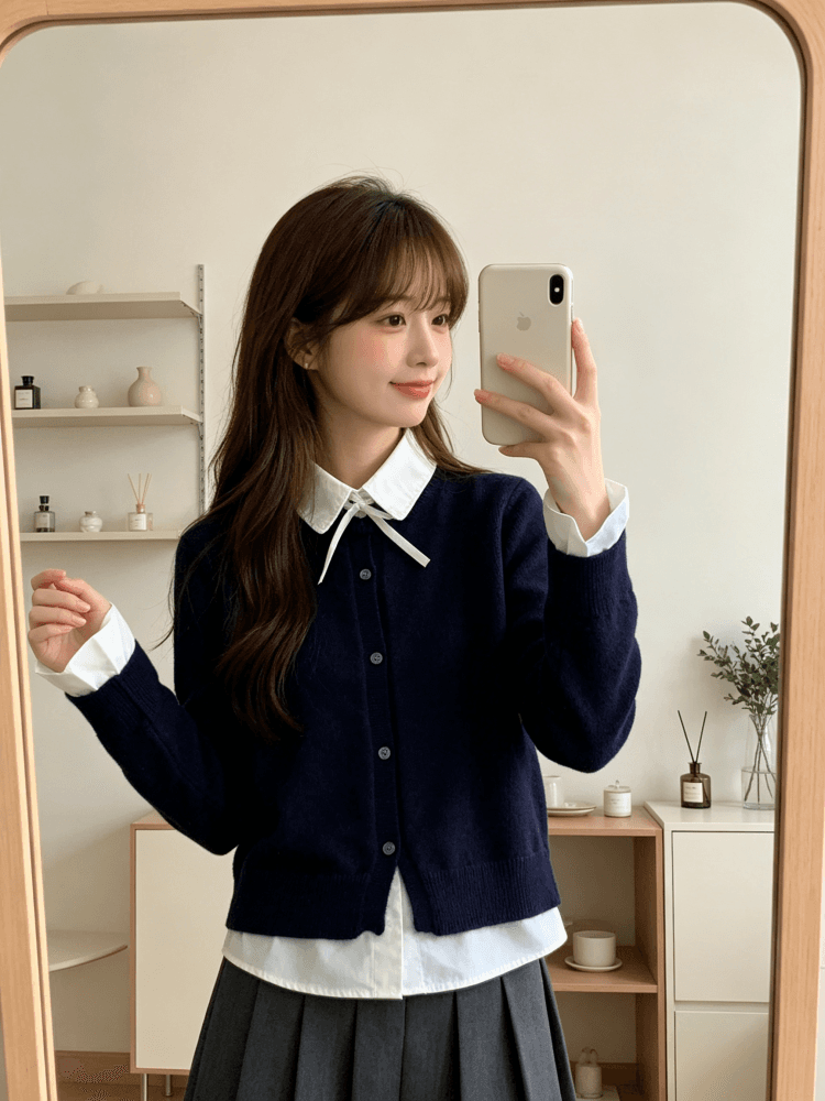 한 부서 학원 스타일 나비 매듭 셔츠 칼라 페이크 레이어드 니트 오픈 가디건 여성 짧은 패치워크 폴로 칼라 스웨터 맨위 상세 이미지 9