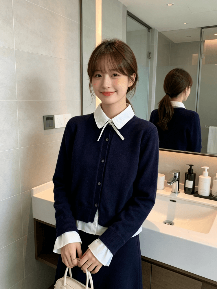 한 부서 학원 스타일 나비 매듭 셔츠 칼라 페이크 레이어드 니트 오픈 가디건 여성 짧은 패치워크 폴로 칼라 스웨터 맨위 상세 이미지 12