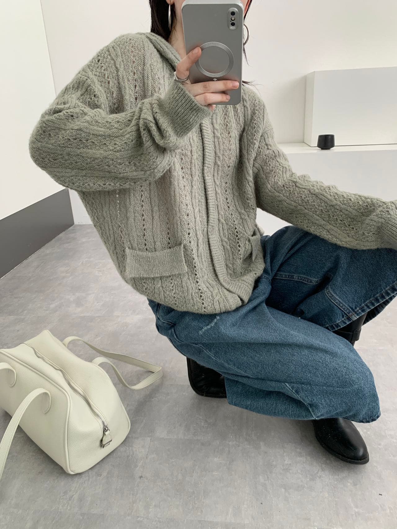 홀로우 아웃 부드러운 찹쌀 후드 싱글 줄 버튼 니트 오픈 가디건 가을 새로운 한국 스타일 루즈핏 느긋한 센스 스웨터 여성 코트 상세 이미지 13