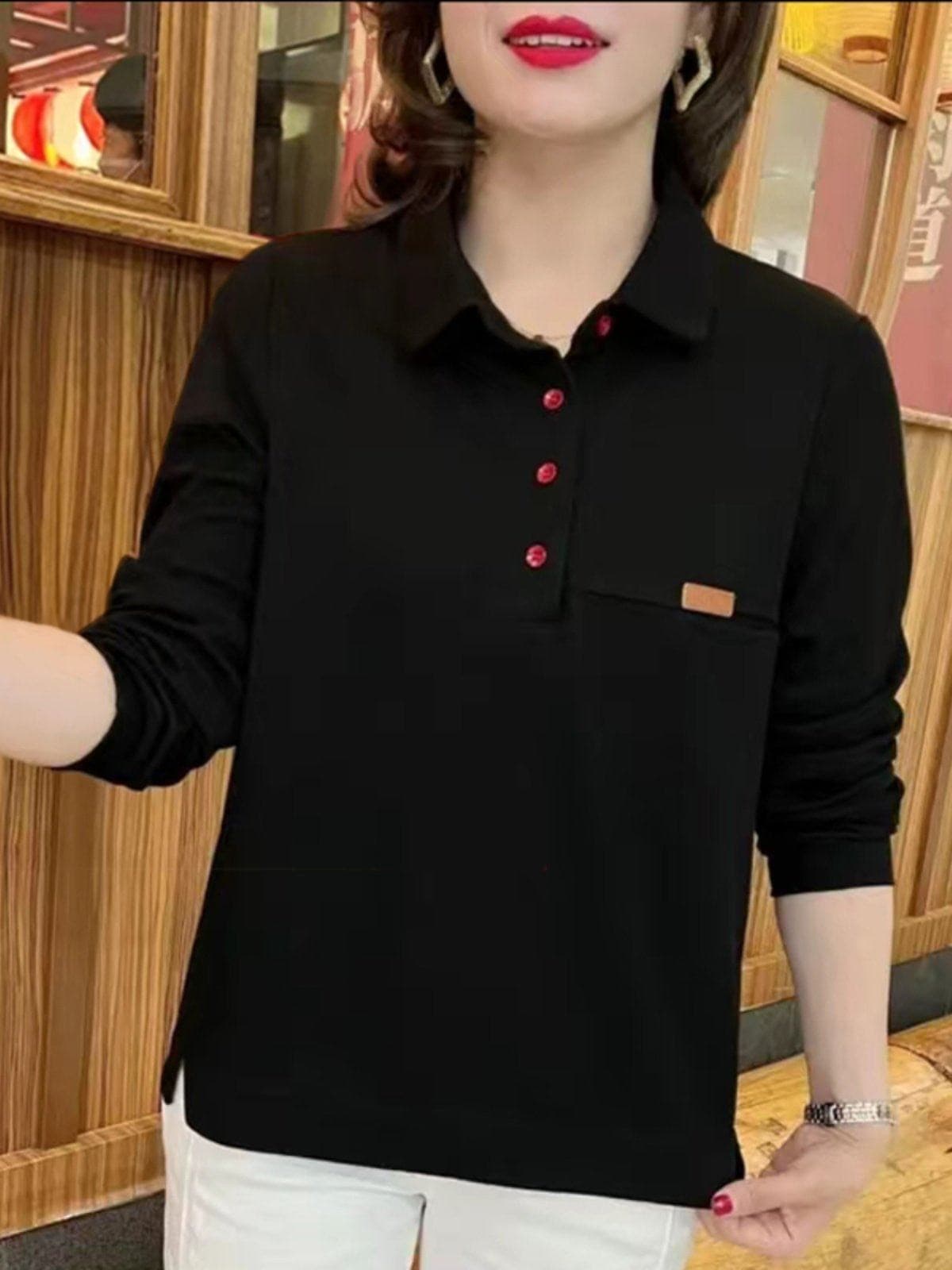 봄 새로운 긴팔 단색 POLO 칼라 미니멀리즘 캐주얼 어머니 드레스 후드티 풀오버 루즈핏 출퇴근 빅 사이즈 맨위 상세 이미지 3
