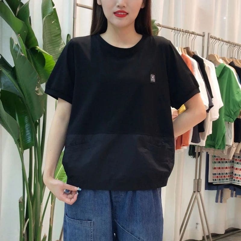 여름 새로운 반팔 티셔츠 여성 통기성 땀 흡수 빅 사이즈 루즈핏 슬림해 보이는 패치워크 후드티 면 소재 편안함 맨위 여성 이미지 4