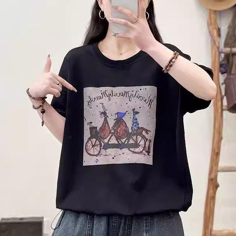 여름 새로운 문예 팬 루즈핏 표지 배 슬림해 보이는 빅 사이즈 여성 의류 패션 반팔 라운드 넥 순면 티셔츠 맨위 여성 이미지 3