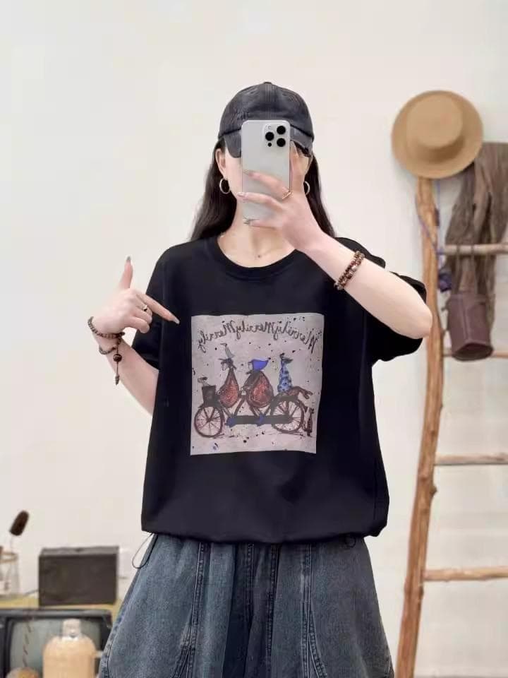 여름 새로운 문예 팬 루즈핏 표지 배 슬림해 보이는 빅 사이즈 여성 의류 패션 반팔 라운드 넥 순면 티셔츠 맨위 여성 상세 이미지 7
