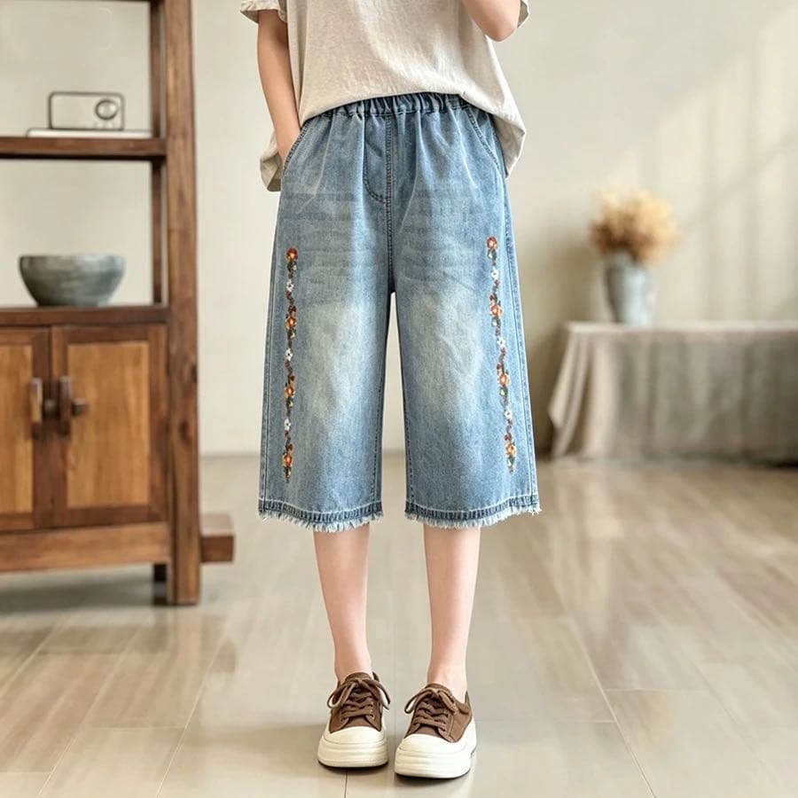 여름 얇은 스타일 무거운 작업 꽃 자수 데님 6 점 바지 민족 스타일 스트레이트 루즈핏 바지 캐주얼 문예 바지 이미지 5