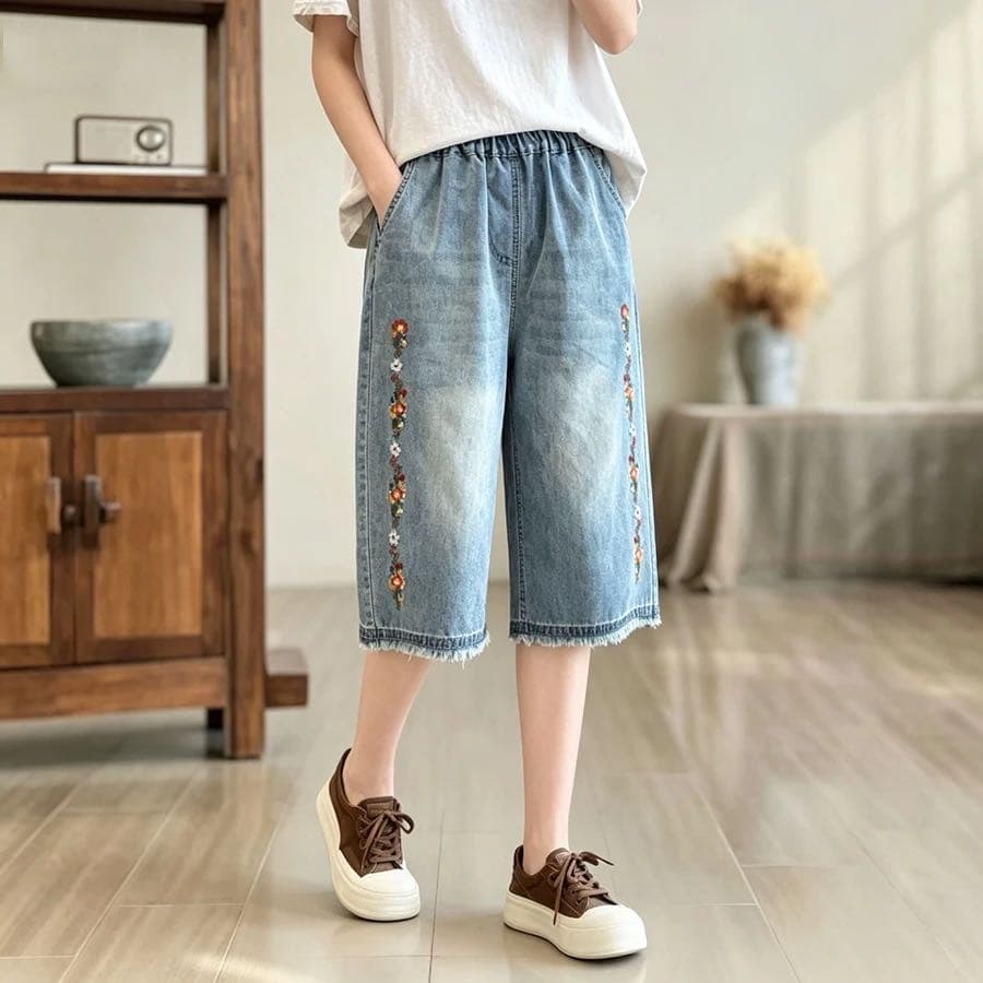 여름 얇은 스타일 무거운 작업 꽃 자수 데님 6 점 바지 민족 스타일 스트레이트 루즈핏 바지 캐주얼 문예 바지 상세 이미지 4