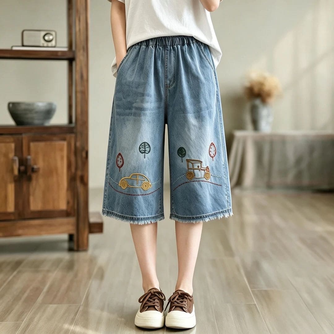 여름 얇은 스타일 6 점 바지 여성 레저 스트레이트 바지 루즈핏 다용도 7 점 와이드 레그 팬츠 슬림해 보이는 데님 여성용 바지 이미지 3