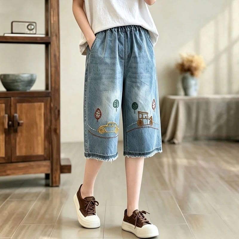 여름 얇은 스타일 6 점 바지 여성 레저 스트레이트 바지 루즈핏 다용도 7 점 와이드 레그 팬츠 슬림해 보이는 데님 여성용 바지 상세 이미지 3