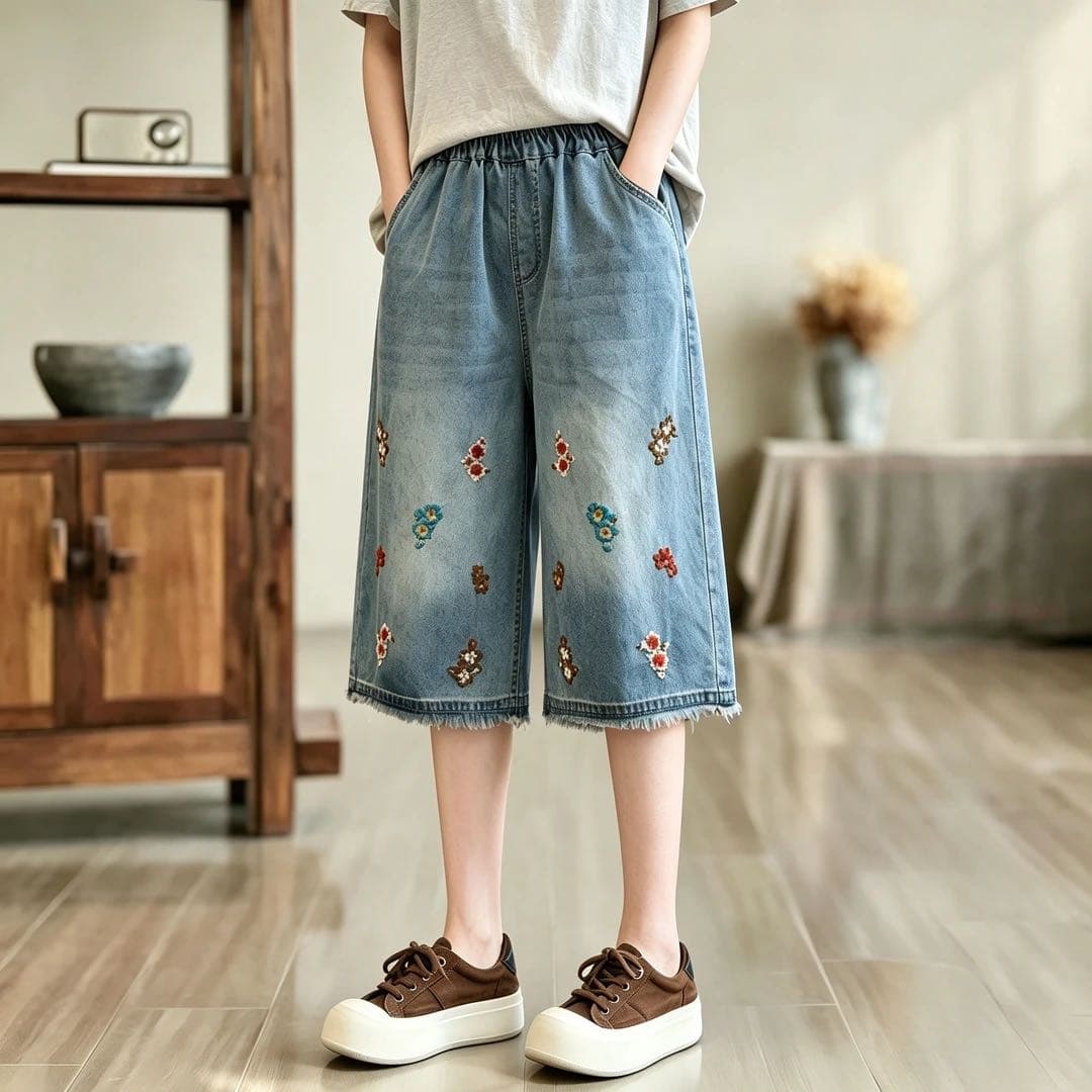 여름 얇은 스타일 캐주얼 6 점 바지 작은 키 루즈핏 스트레이트 넓은 다리 바지 데님 반바지 하이웨이스트 7 점 바지 상세 이미지 3