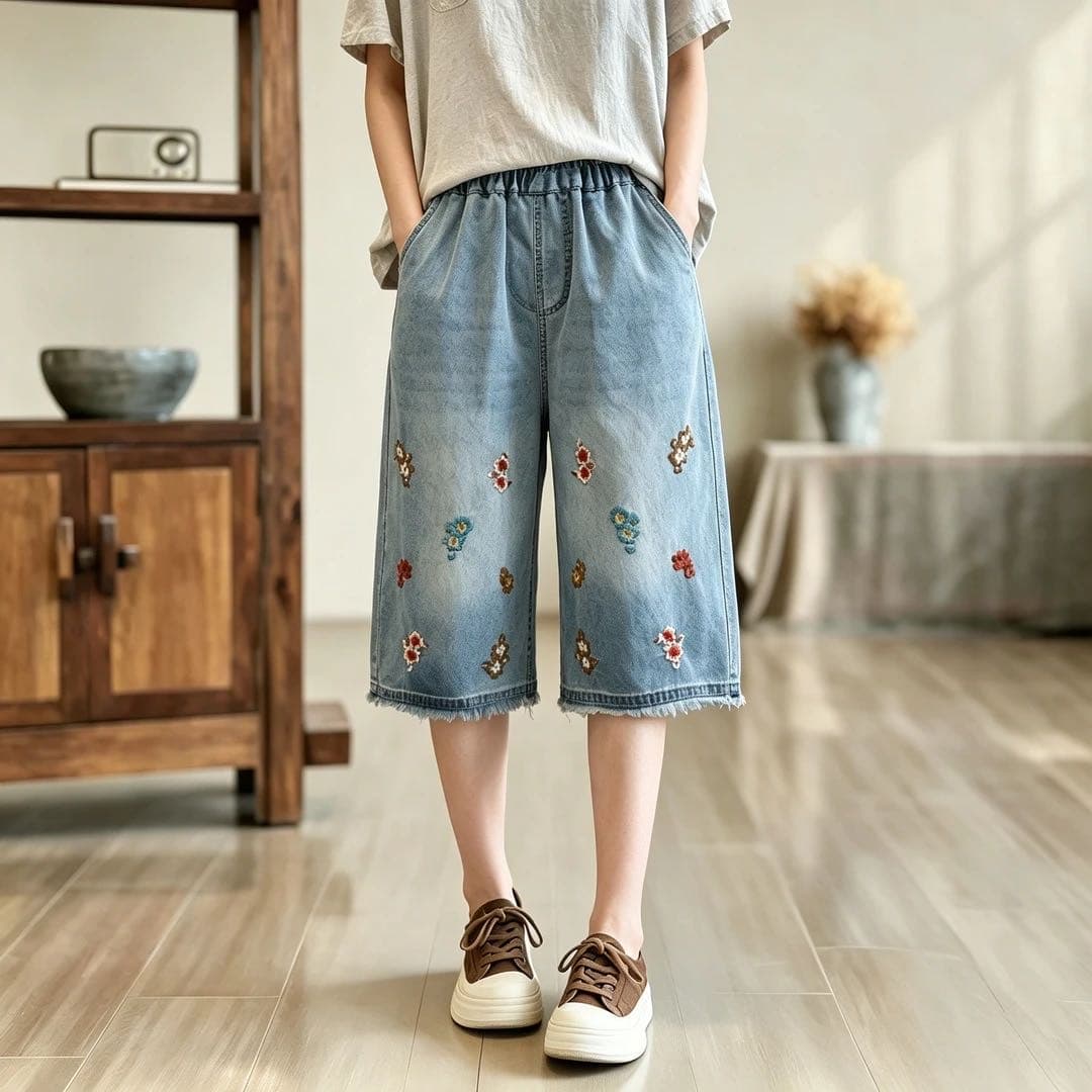 여름 얇은 스타일 캐주얼 6 점 바지 작은 키 루즈핏 스트레이트 넓은 다리 바지 데님 반바지 하이웨이스트 7 점 바지 상세 이미지 5
