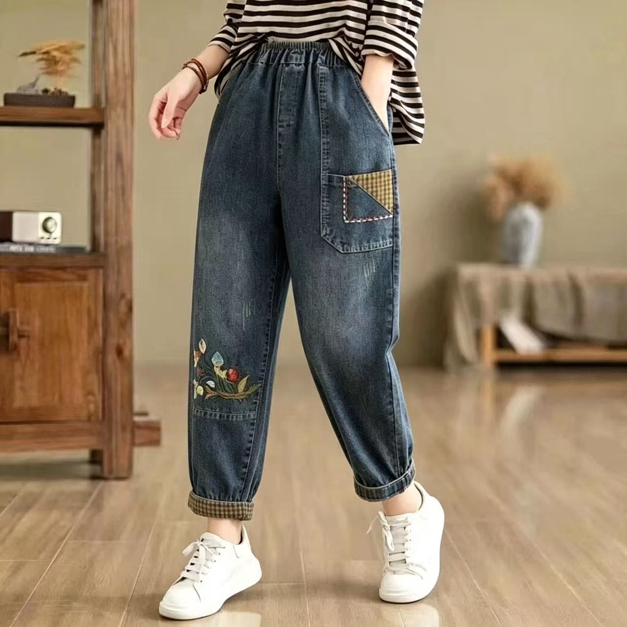 가을 겨울 새로운 허리밴드 청바지 여성 빅 사이즈 캐주얼 하렘 바지 아빠 바지 자수 문예 루즈핏 9부 바지 상세 이미지 1