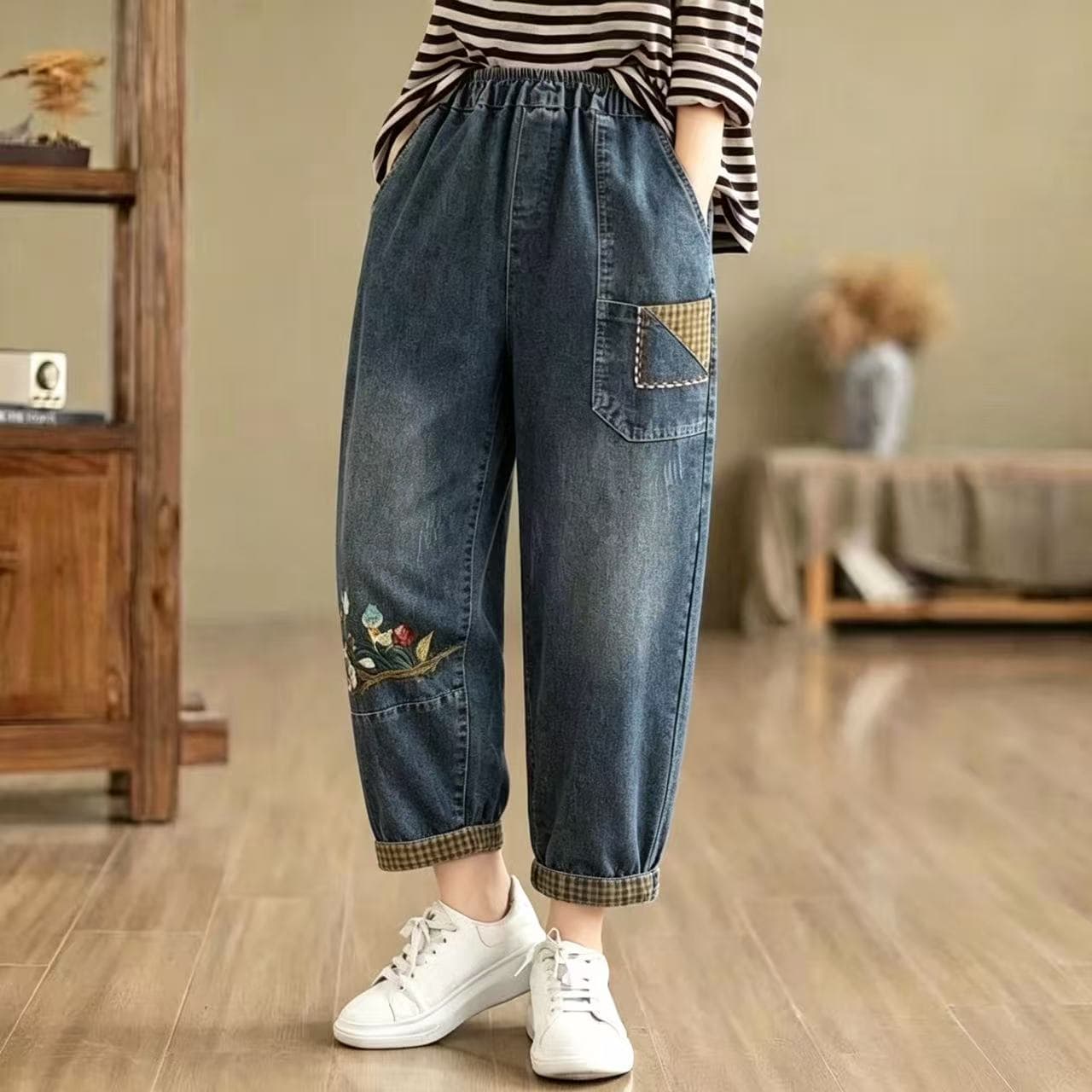 가을 겨울 새로운 허리밴드 청바지 여성 빅 사이즈 캐주얼 하렘 바지 아빠 바지 자수 문예 루즈핏 9부 바지 상세 이미지 3