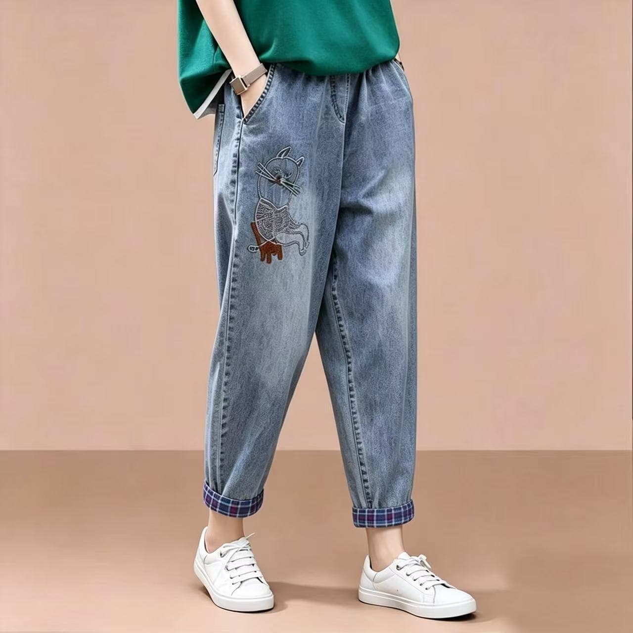 가을 새로운 9부 바지 슬림해 보이는 밴딩 하이웨이스트 다용도 할란 청바지 루즈핏 표지 배 아빠 긴 바지 아이들 상세 이미지 4
