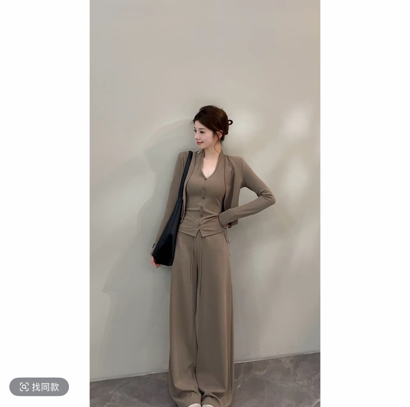 노래 송 봄 여름 새로운 느긋한 슬림해 보이는 느슨함 센스 오픈 가디건 슬립 하이웨이스트 긴 바지 3종 세트 세트 상세 이미지 2