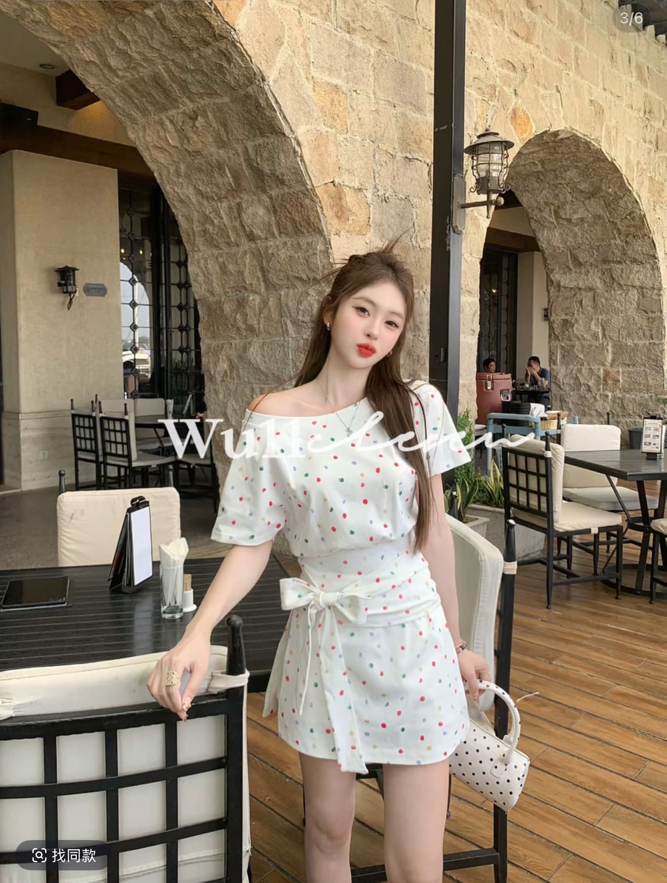 wu11 한 부서 외국 가스 연령 감소 품격 도트 무늬 허리 수축 맨위 트임 반 스커트 투피스 세트 상세 이미지 2