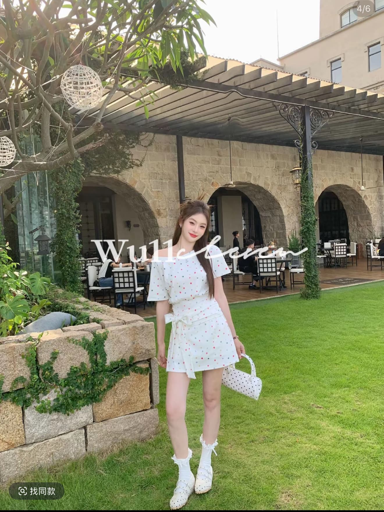 wu11 한 부서 외국 가스 연령 감소 품격 도트 무늬 허리 수축 맨위 트임 반 스커트 투피스 세트 상세 이미지 3