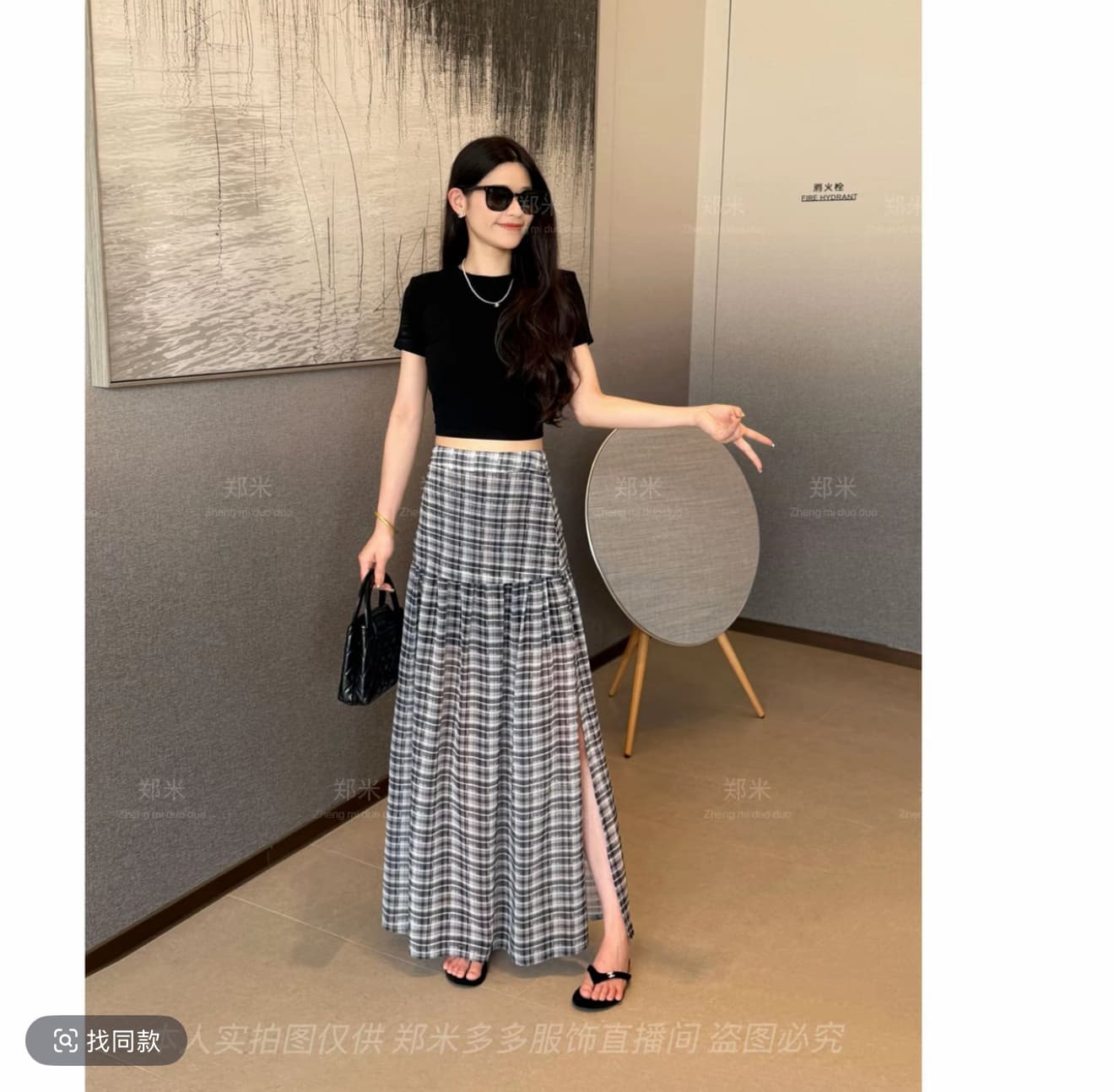 여름 ootd 착용 가져 가라. 세트 여성 2026 새로운 한국 스타일 백리스 티셔츠 체크무늬 트임 반신 스커트 투피스 세트 상세 이미지 2