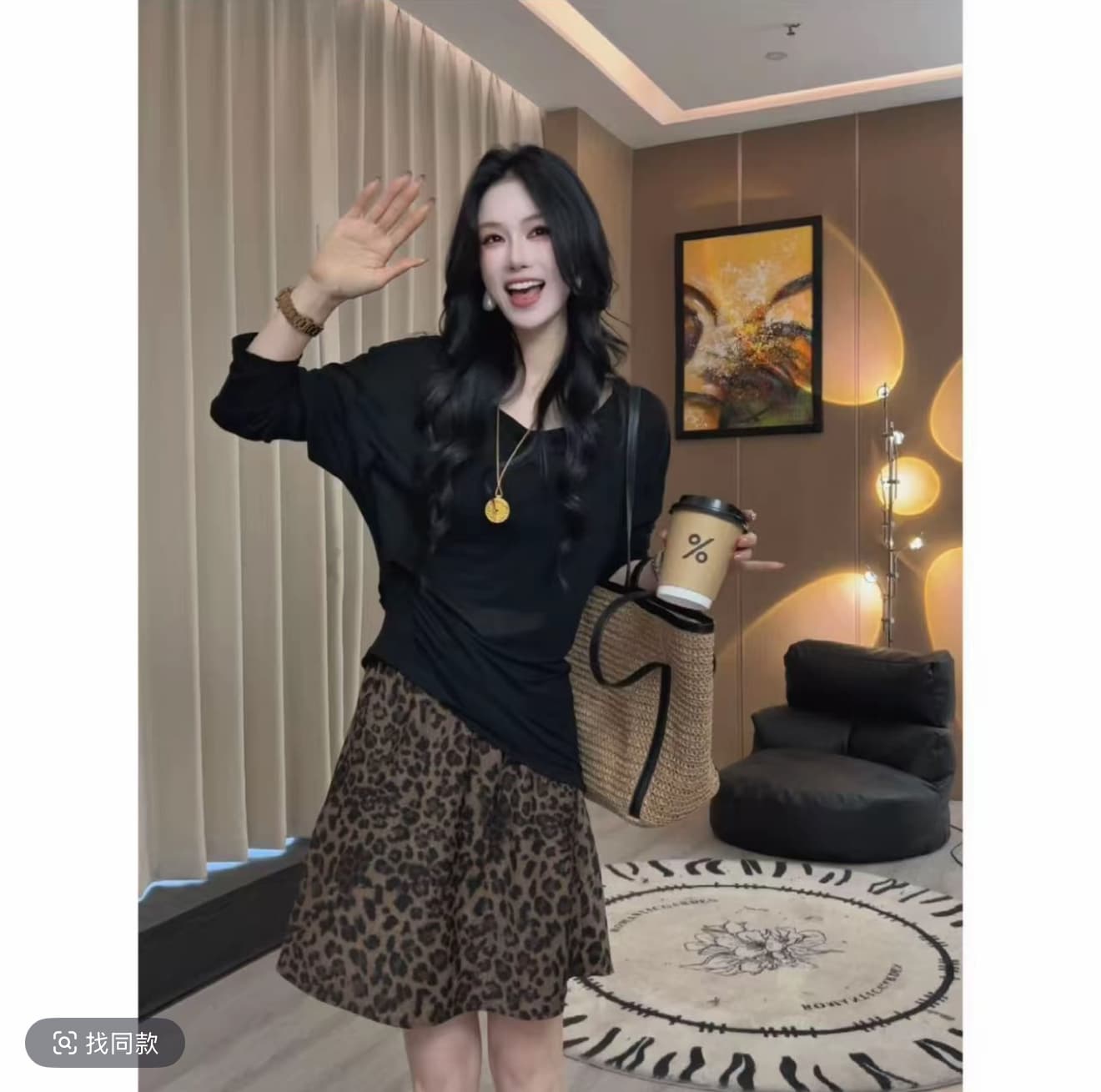 프랑스식 레트로 고급 비싼 가스 디자인 센스 초점 돈 레오파드 무늬 하이웨이스트 슬림해 보이는 한 마디 반신 치마 세트