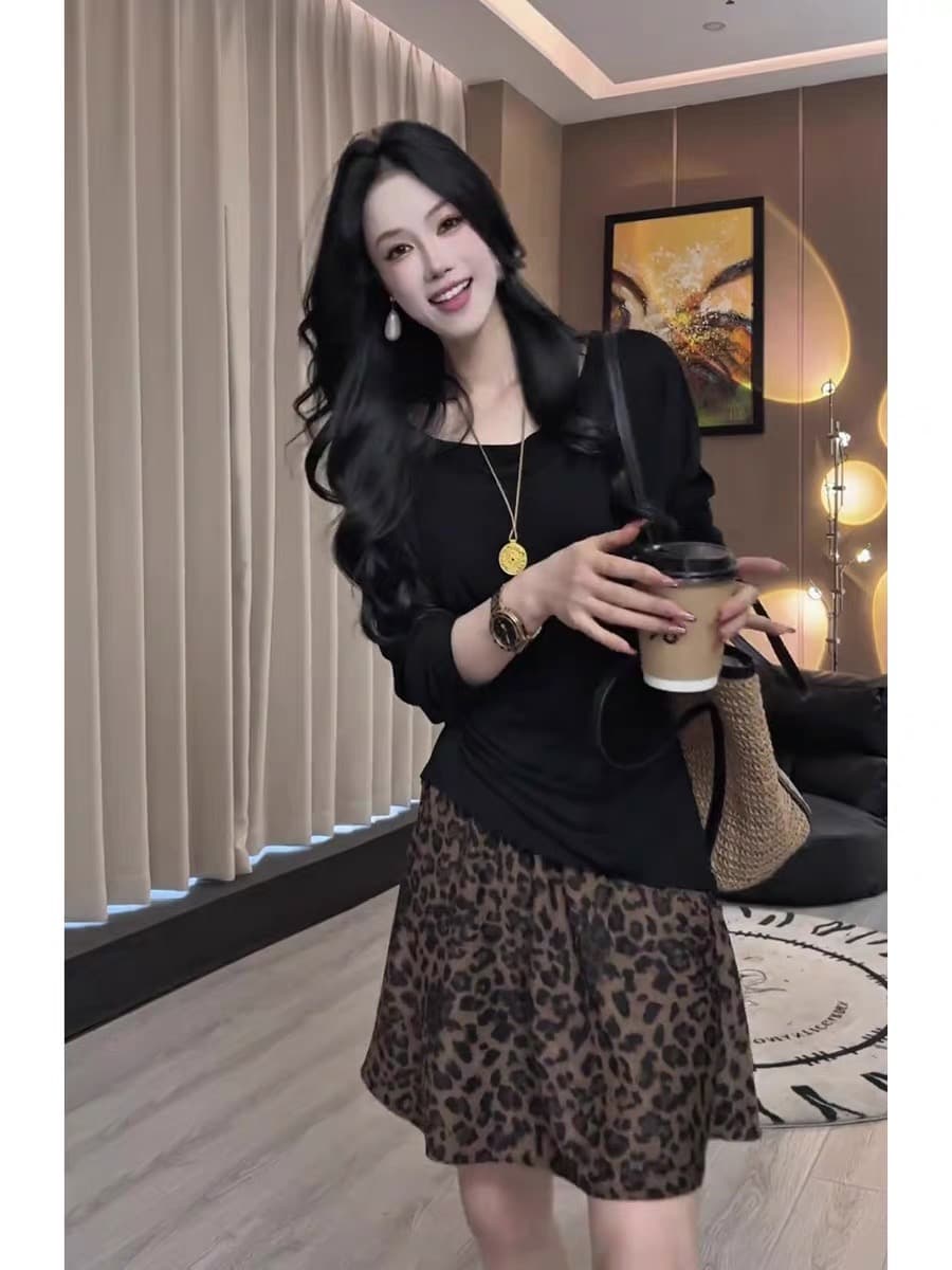 프랑스식 레트로 고급 비싼 가스 디자인 센스 초점 돈 레오파드 무늬 하이웨이스트 슬림해 보이는 한 마디 반신 치마 세트 이미지 2