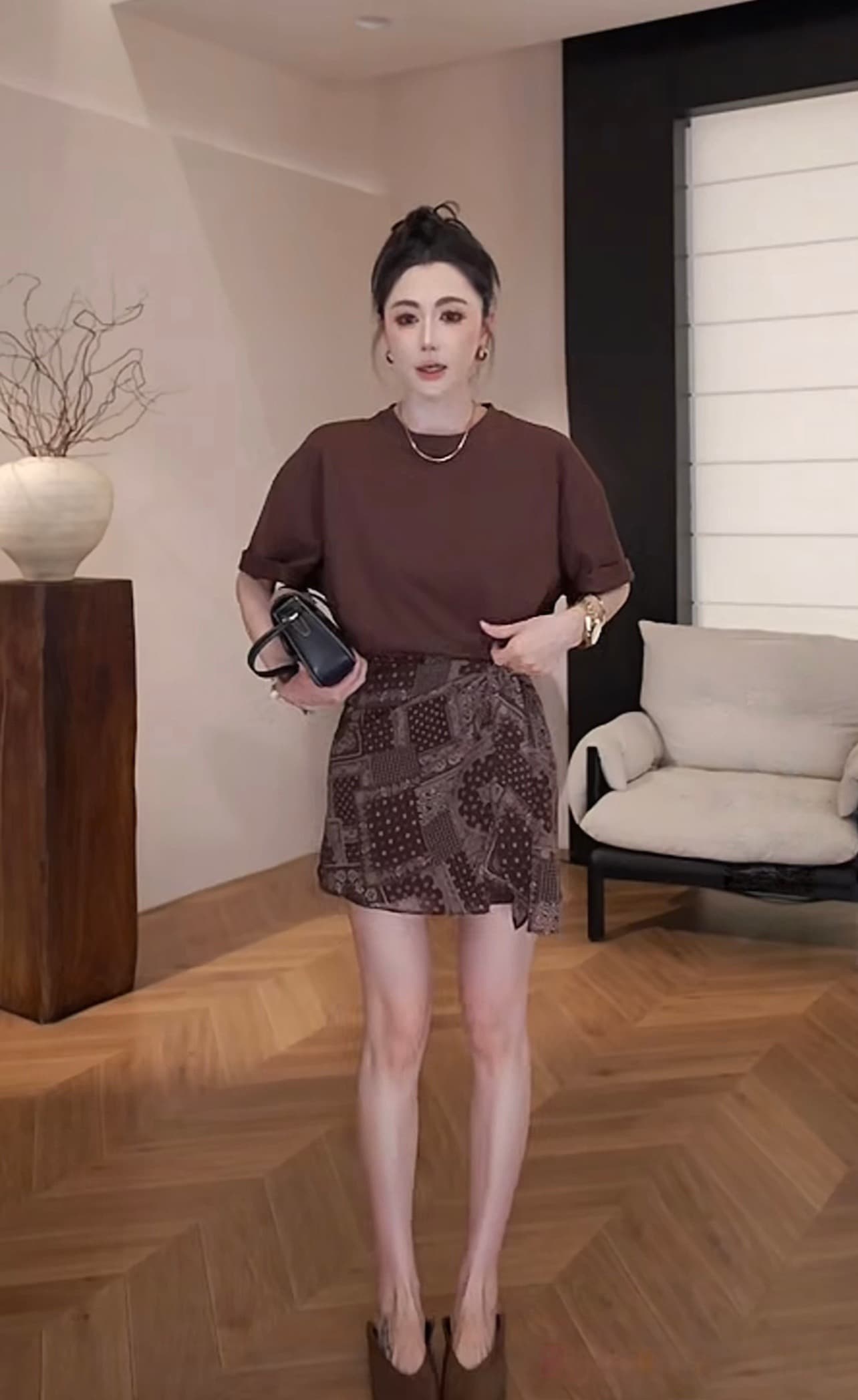 대 웜 홈 한국 스타일 레트로 토템 랩스커트팬츠 스트랩 허리 수축 슬림해 보이는 외국 가스 티셔츠 드레스 이미지 4