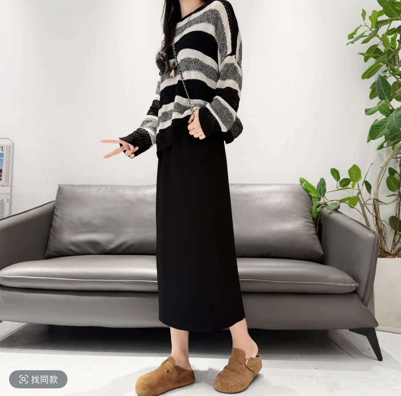 느긋한 바람 스트라이프 니트 스웨터 가을 라운드 넥 긴팔 패션 루즈핏 고급 센스 캐주얼 A라인 스커트 출퇴근 세트 상세 이미지 4