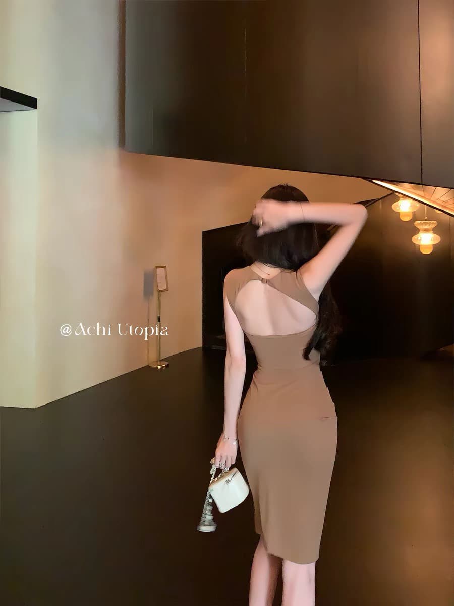 achi 대 또한 수영장 검정색 민소매 홀로우 아웃 그는 벤리안 드레스 여자 칼라 몸매 가꾸기 불규칙 주름 타이트 스커트 치마 이미지 2