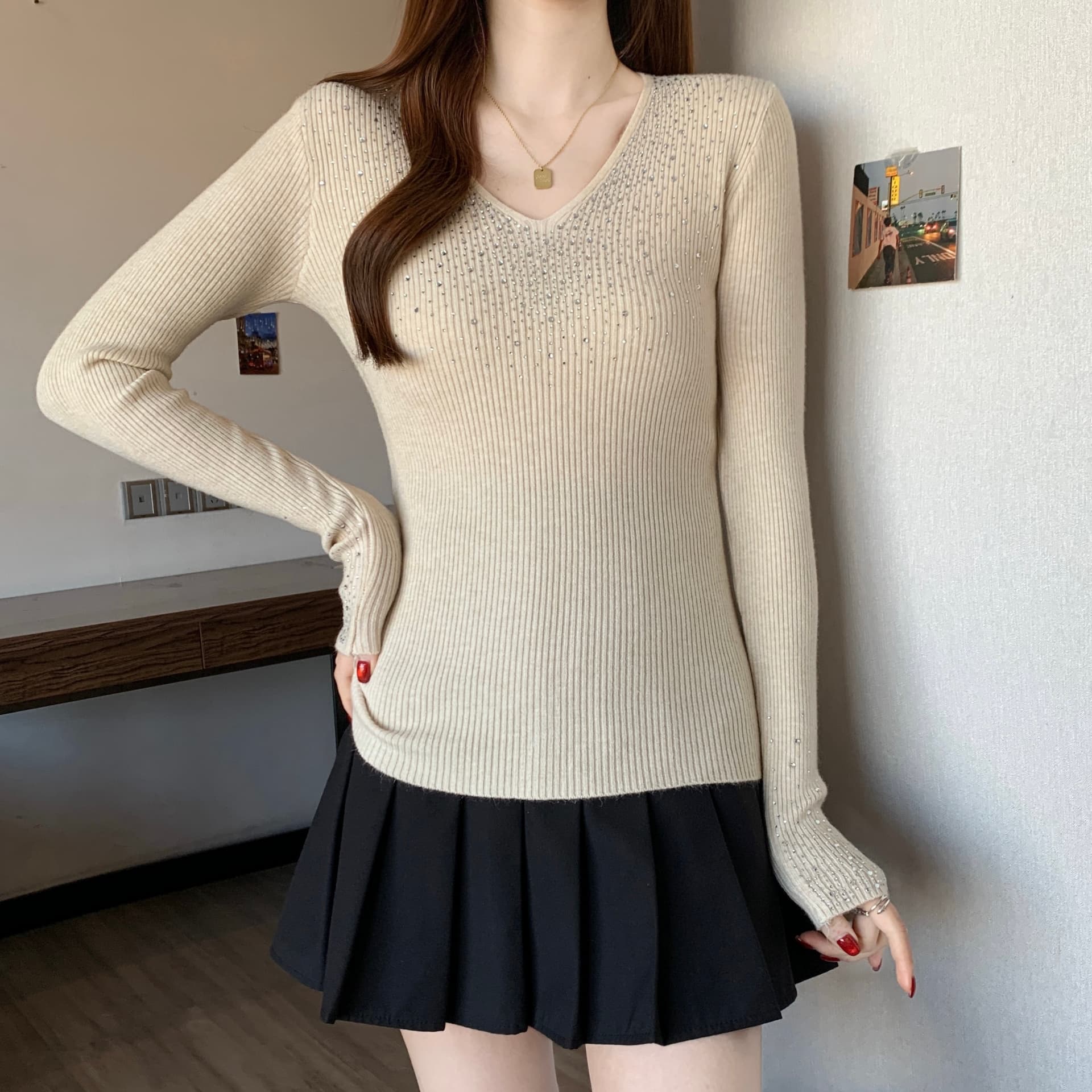 한 부서 V넥 다이아몬드 세팅 긴팔 니트 기본 셔츠 여성 가을 겨울철 스웨터 순수한 욕망 몸매 가꾸기 인사이드 가져 가라. 작은 샤넬 스타일 맨위 상세 이미지 19