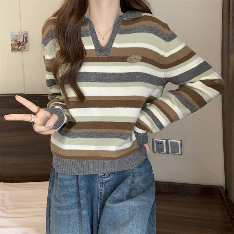 빅 사이즈 레트로 스트라이프 POLO 칼라 니트 스웨터 여성 2026 봄 가을 긴팔 슬림해 보이는 다용도 스웨터 인사이드 잡아라. 의류 상세 이미지 12