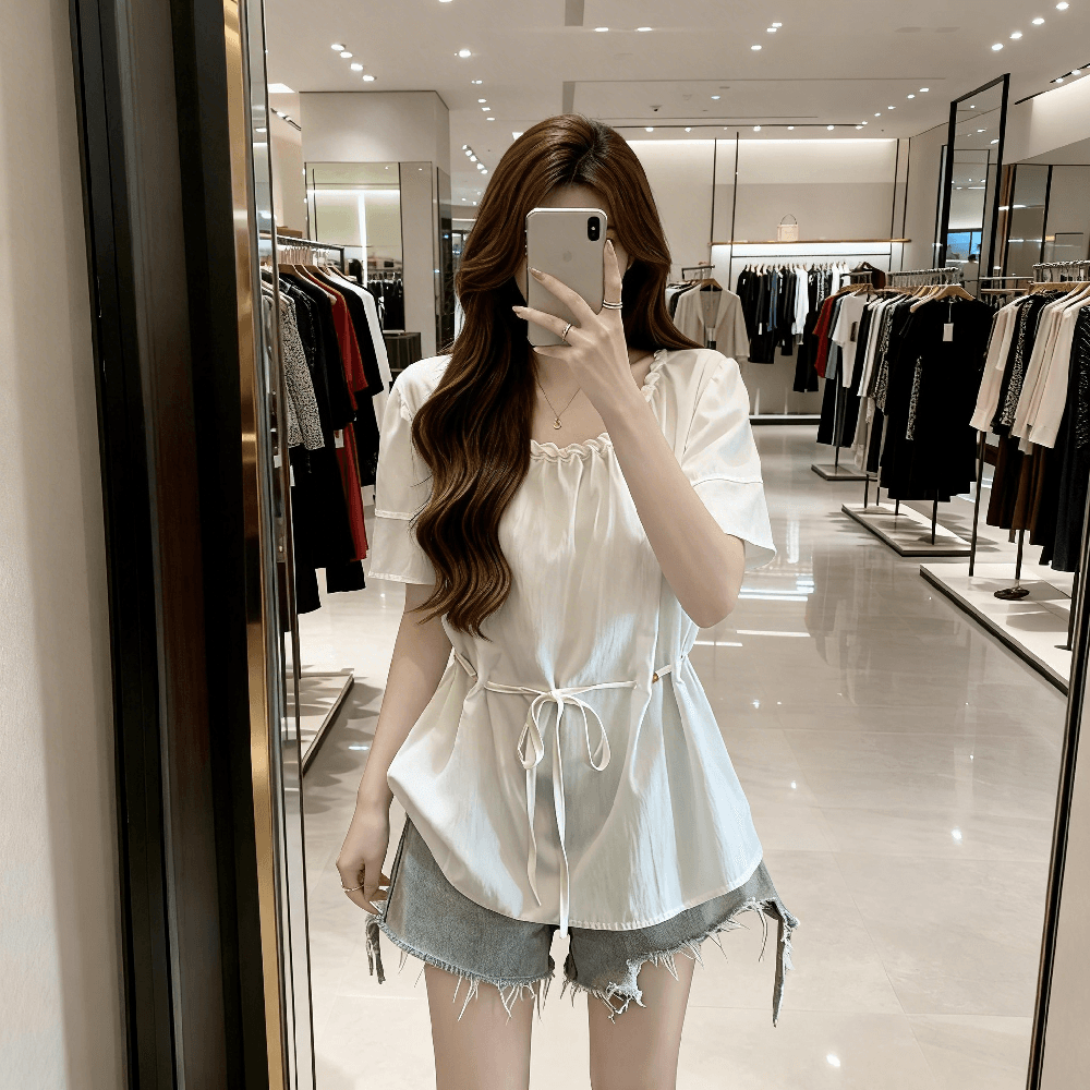 디자인 센스 표지 배 비즈 레이스업 허리 수축 여성 셔츠 여름 지방 mm 루즈핏 슬림해 보이는 긍정적 인 어깨 거품 소매 맨위 이미지 2
