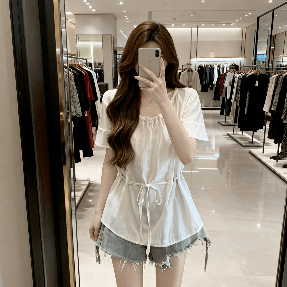 디자인 센스 표지 배 비즈 레이스업 허리 수축 여성 셔츠 여름 지방 mm 루즈핏 슬림해 보이는 긍정적 인 어깨 거품 소매 맨위 상세 이미지 2
