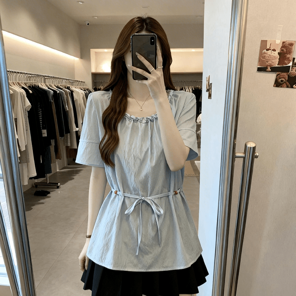 디자인 센스 표지 배 비즈 레이스업 허리 수축 여성 셔츠 여름 지방 mm 루즈핏 슬림해 보이는 긍정적 인 어깨 거품 소매 맨위 상세 이미지 5