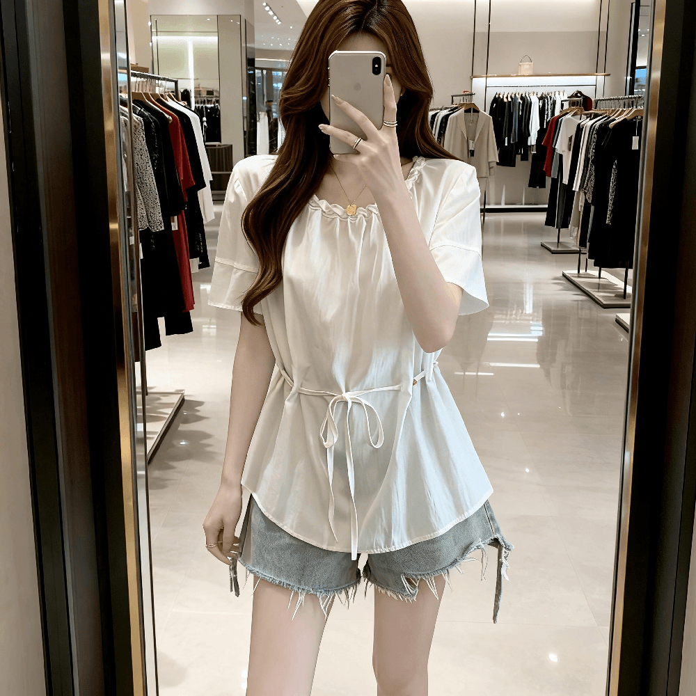 디자인 센스 표지 배 비즈 레이스업 허리 수축 여성 셔츠 여름 지방 mm 루즈핏 슬림해 보이는 긍정적 인 어깨 거품 소매 맨위 상세 이미지 6