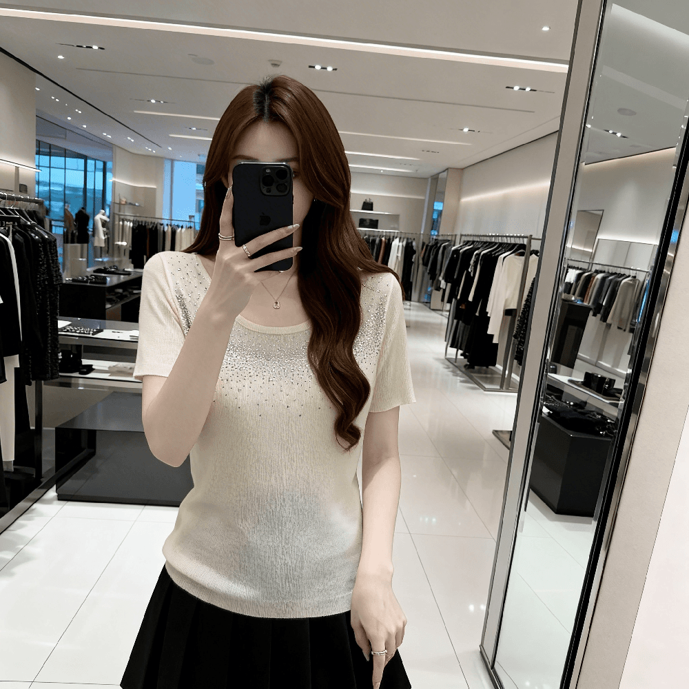 디자인 센스 무거운 작업 핫픽스 긍정적 인 어깨 니트 스웨터 여성 여름 부드러운 바람 세련된 절묘한 품격 반팔 맨위 상세 이미지 1