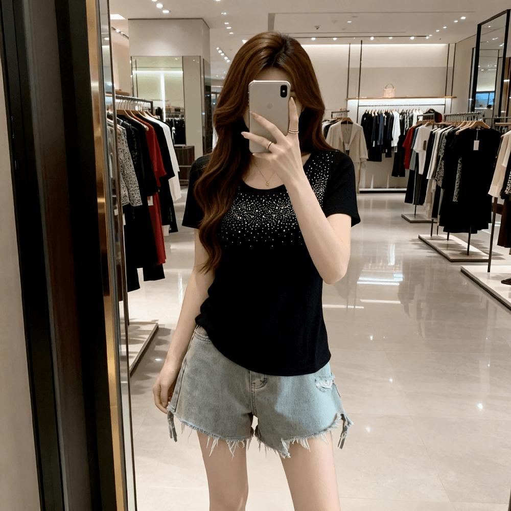 디자인 센스 무거운 작업 핫픽스 긍정적 인 어깨 니트 스웨터 여성 여름 부드러운 바람 세련된 절묘한 품격 반팔 맨위 상세 이미지 6