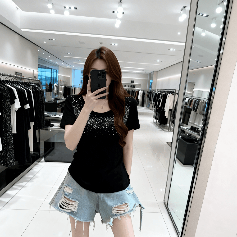 디자인 센스 무거운 작업 핫픽스 긍정적 인 어깨 니트 스웨터 여성 여름 부드러운 바람 세련된 절묘한 품격 반팔 맨위 상세 이미지 7