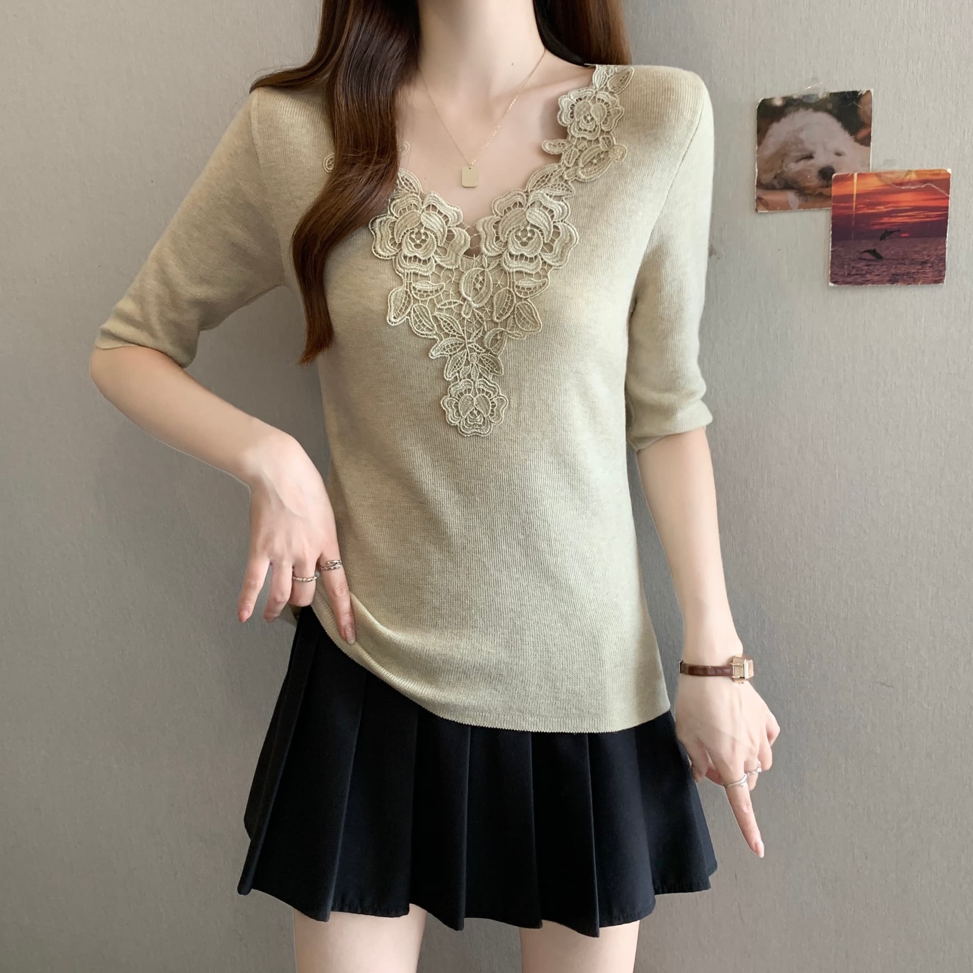 프랑스식 품격 V넥 5 점 소매 짠 셔츠 여성 여름 새로운 몸매 가꾸기 슬림해 보이는 다용도 레이스 작은 셔츠 아름다운 맨위 이미지 5
