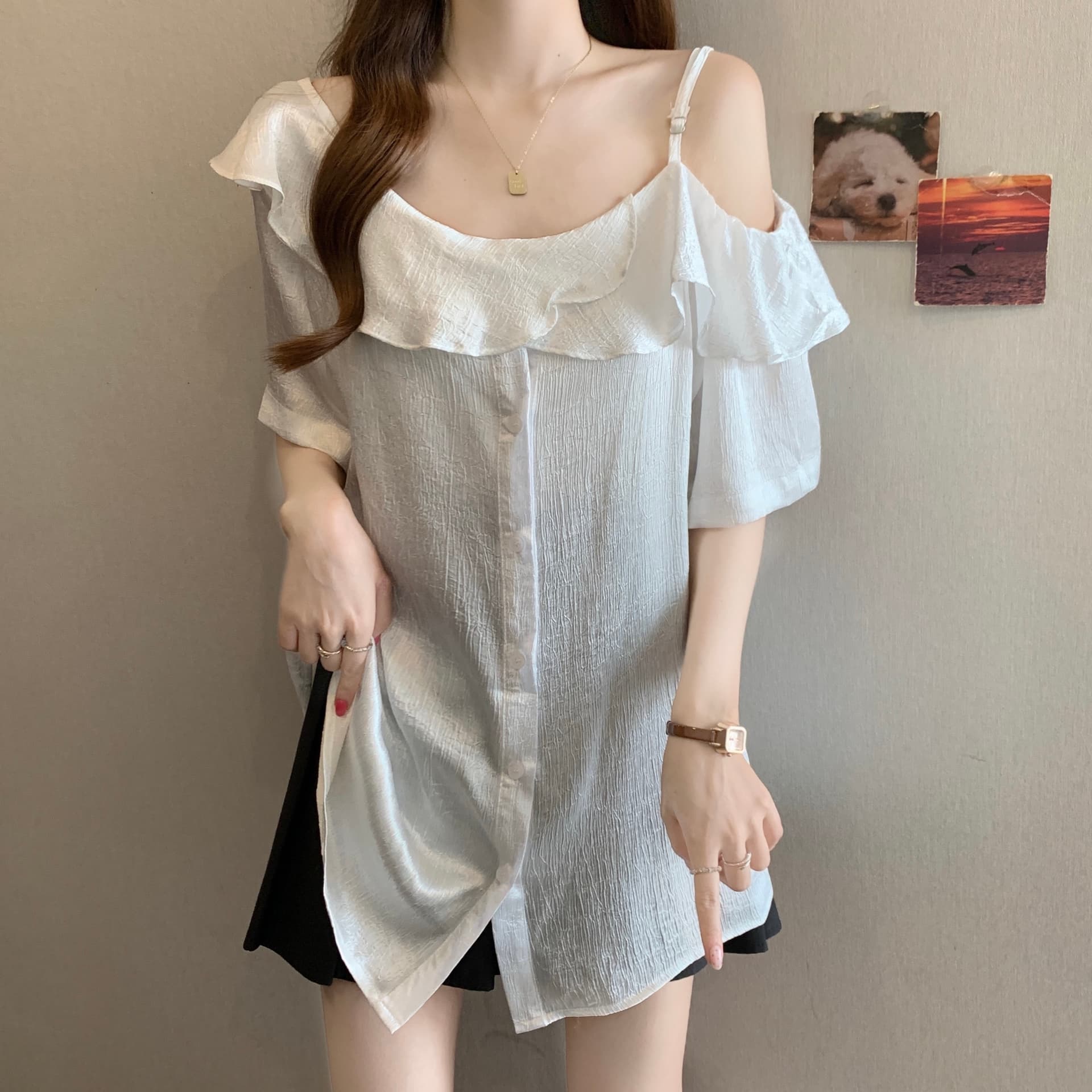 마이크로 지방 빅 사이즈 여성 의류 한 부서 비스듬한 어깨 슬립 반팔 여성 셔츠 디자인 센스 오프숄더 슬림해 보이는 다용도 맨위 상세 이미지 2
