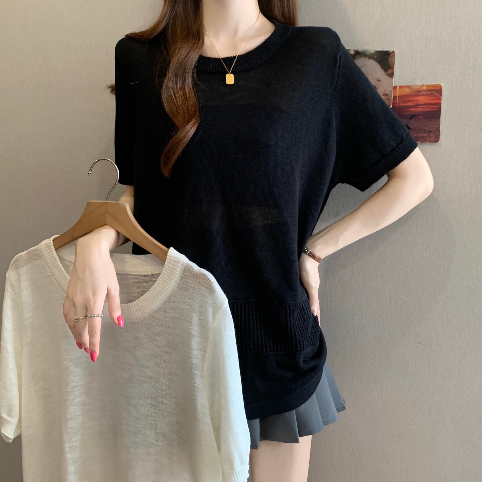 단색 마이크로 지방 빅 사이즈 라운드 넥 얼음 실크 반팔 니트 스웨터 여름 홀로우 아웃 자수 느슨함 센스 루즈핏 다용도 맨위 상세 이미지 8
