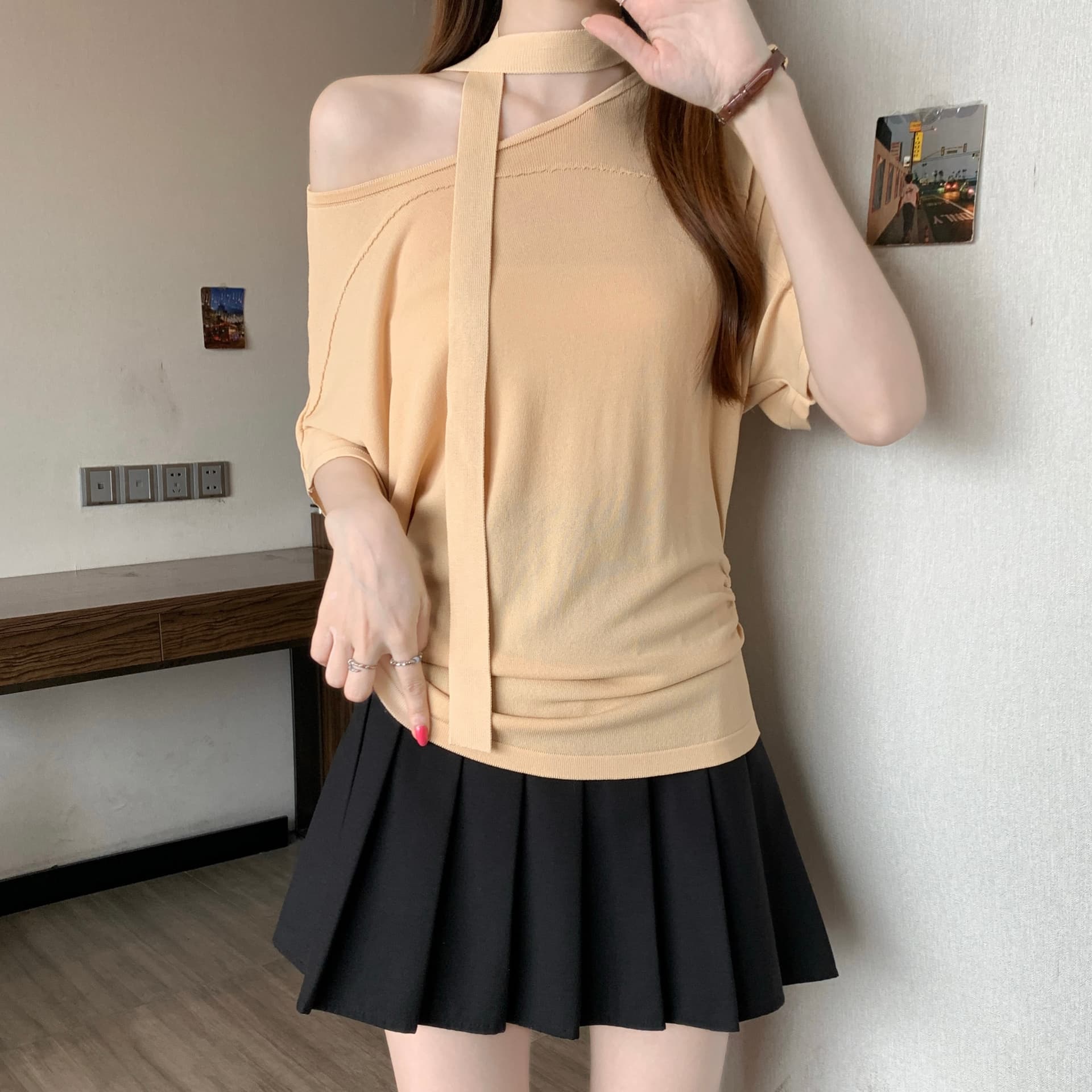 여름 순수한 욕망 바람 비스듬한 어깨 행침 목 리본 오프숄더 반팔 티셔츠 여성 슬림해 보이는 작은 셔츠 맨위 이미지 5