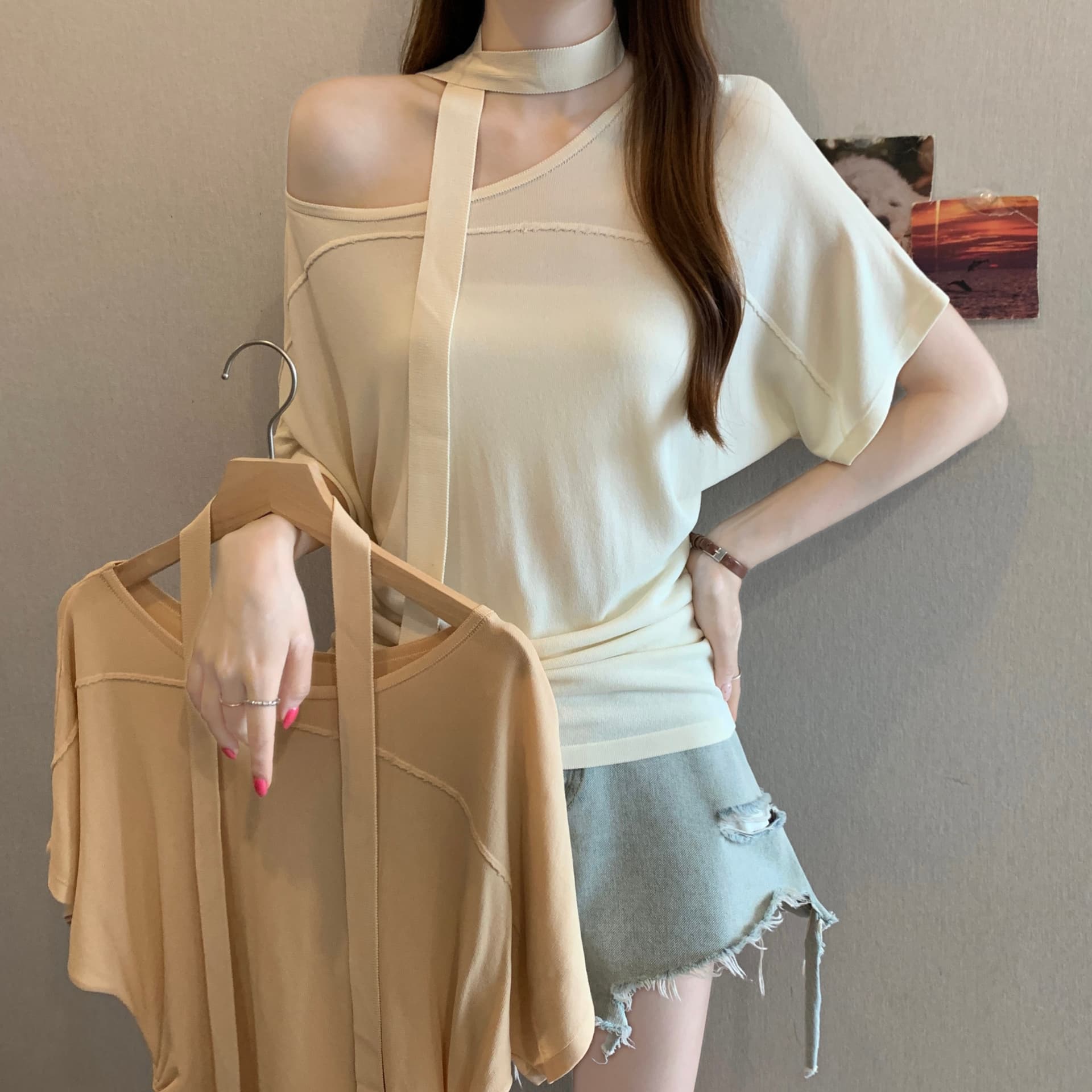 여름 순수한 욕망 바람 비스듬한 어깨 행침 목 리본 오프숄더 반팔 티셔츠 여성 슬림해 보이는 작은 셔츠 맨위 상세 이미지 11