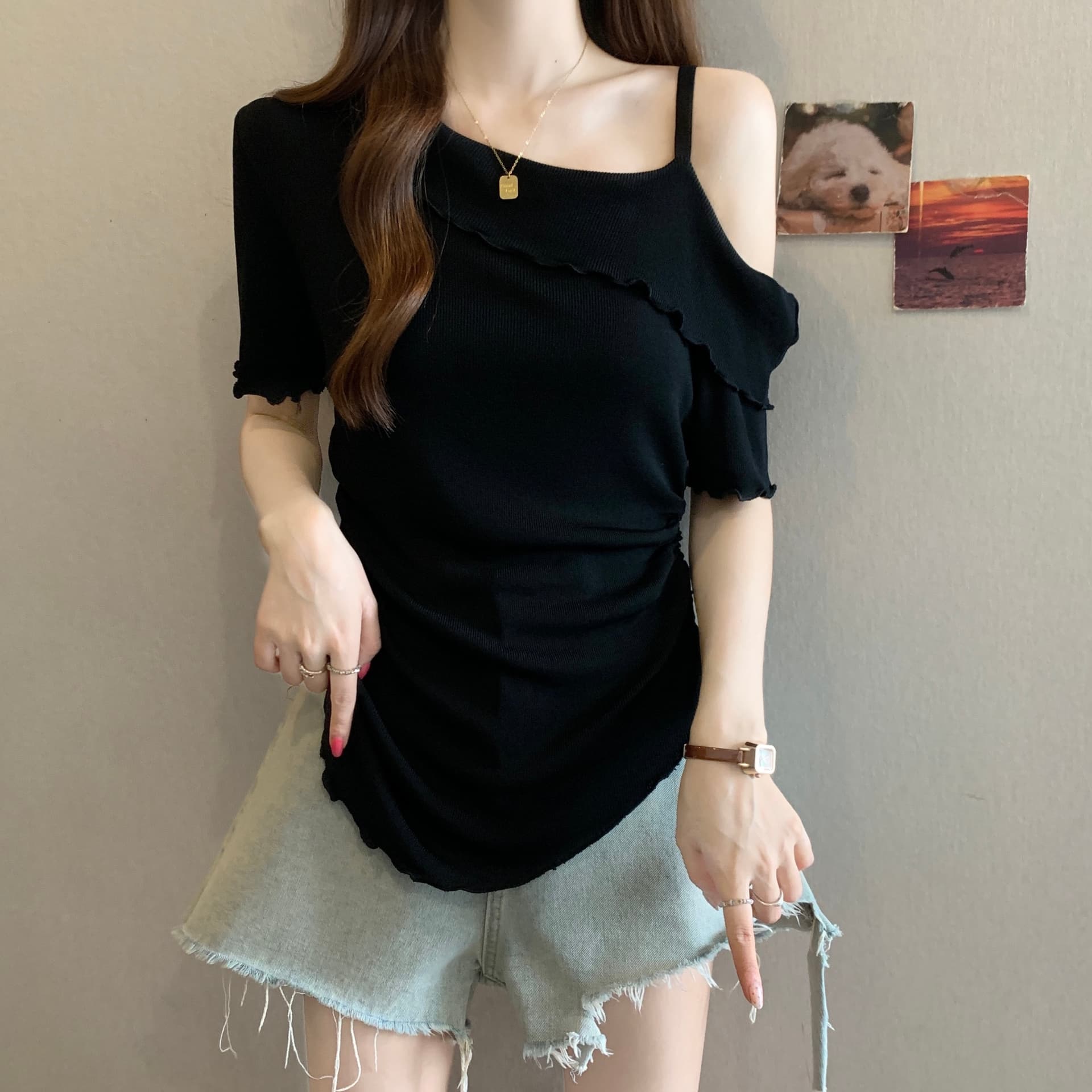 빛 요리 한 바람 비스듬한 어깨 프릴 반팔 티셔츠 여자 허리 수축 주름 슬림해 보이는 오프숄더 품격 다용도 맨위 여름 상세 이미지 17