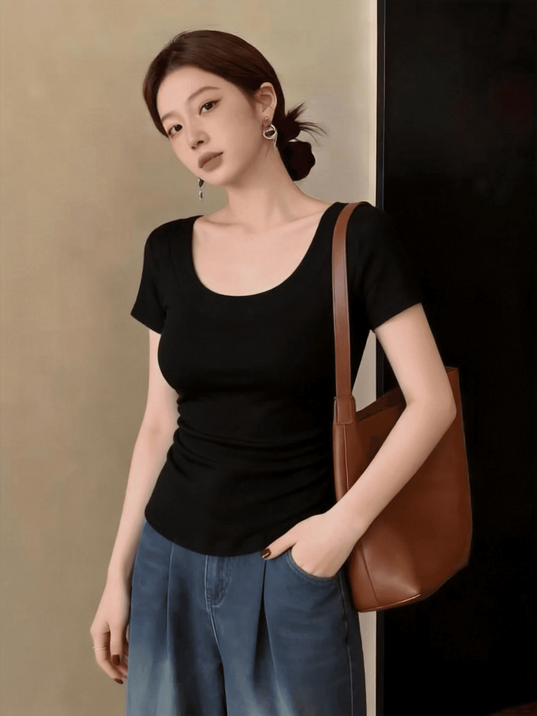 빅 사이즈 지방 mm 한 부서 캐주얼 반팔 티셔츠 여성 여름 새로운 몸매 가꾸기 슬림해 보이는 라운드 넥 미니멀리즘 맨위 상세 이미지 1