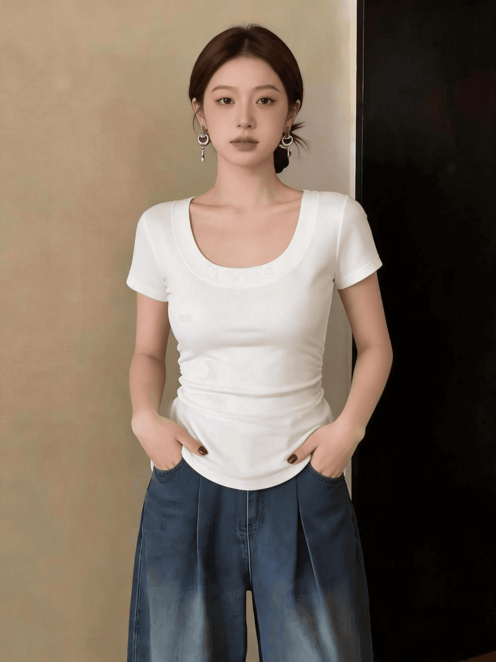 빅 사이즈 지방 mm 한 부서 캐주얼 반팔 티셔츠 여성 여름 새로운 몸매 가꾸기 슬림해 보이는 라운드 넥 미니멀리즘 맨위 상세 이미지 5