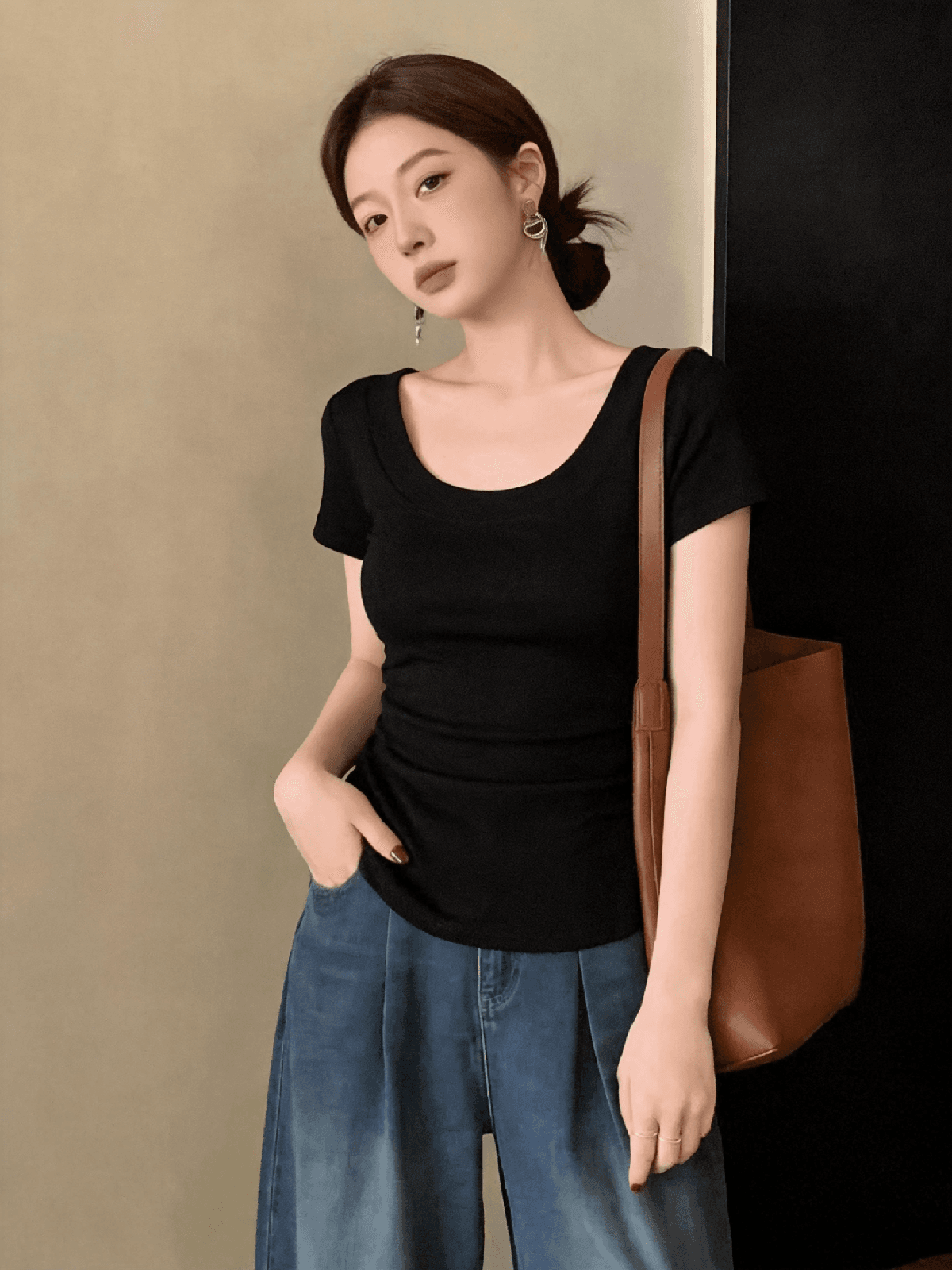 빅 사이즈 지방 mm 한 부서 캐주얼 반팔 티셔츠 여성 여름 새로운 몸매 가꾸기 슬림해 보이는 라운드 넥 미니멀리즘 맨위 상세 이미지 7