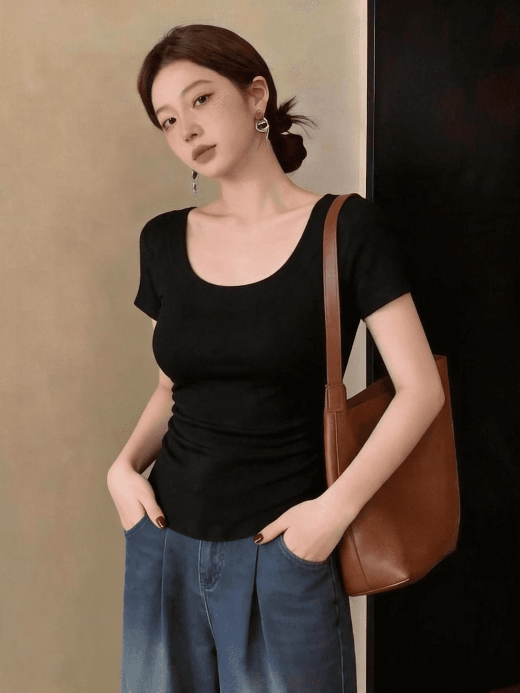 빅 사이즈 지방 mm 한 부서 캐주얼 반팔 티셔츠 여성 여름 새로운 몸매 가꾸기 슬림해 보이는 라운드 넥 미니멀리즘 맨위 상세 이미지 11